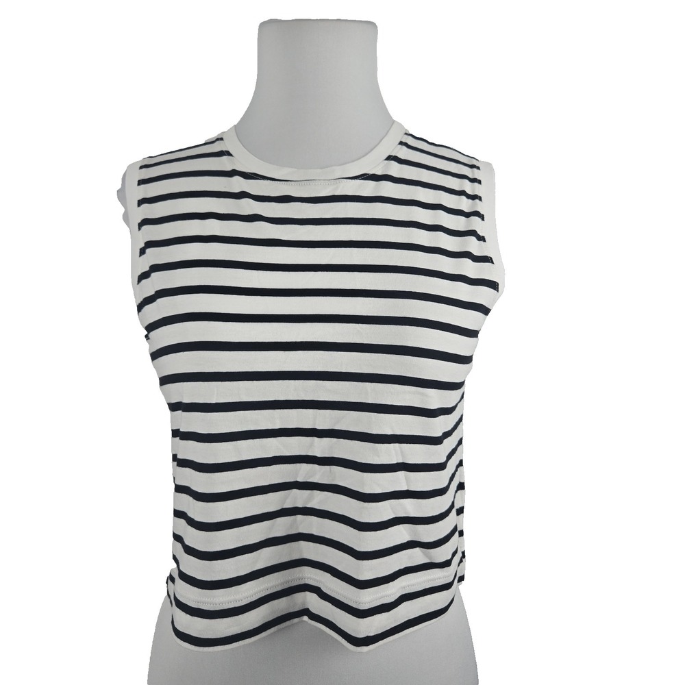 ATM Size XS Black & White Stripe Cropped Tank Top Crew Neck 100% Cotton
